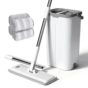 For Professional Telescopic Flat Mop Bucket Set with Wringer Rotating Head 4 Reusable Microfiber Pads White & Grey
