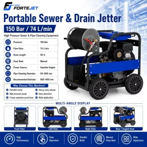Gasoline Hydro Jetter 150bar 74L/min 35hp Municipal Pipe Cleaner for 50-800mm Drains