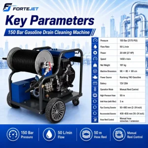 Gasoline Reel Hydro Jetting Machine 150 Bar 50 L/min Pipe Cleaner for 2-24 Inch Drains