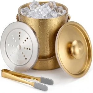 Gold Insulated Stainless Steel Double Wall Cylindrical Ice Bucket with Lid Handle and Ice Tong 3L for Party Use