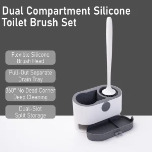 Gray Silicone Toilet Brush Set with Holder, Long Handle, Ventilated Base and Side Storage