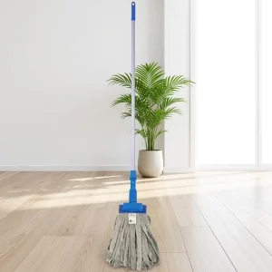 Gray Strip Mop with Blue Plastic Screw Lock Base Aluminum Handle Washable Flat Head Wet Dry Mop for Hotel Home Floor Cleaning