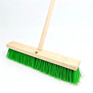 Green PP Push Floor Broom with Wooden Handle, Hard Bristles for Construction Sites, Warehouses, Roads and Garages