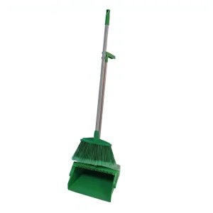 Green Stand-Up Dustpan and Broom Set with Long Handle and PET Bristles for Garden Use