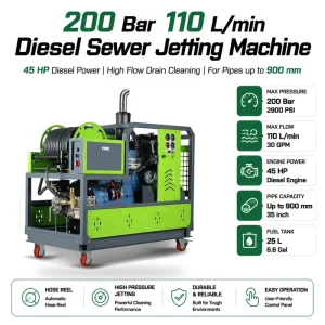HD-45H110L Diesel 45HP 200 Bar 110L/min Triplex Pump Steel Frame Sewer Jetting Machine Sewer Jetter