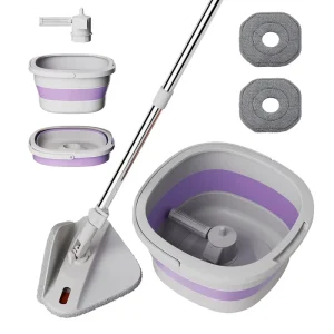 HOLAMOPA 360 Spin Mop Folding Bucket Set Cleaning Mop with Rotating Spinning Mophead for Quick Thorough Floor Cleaning