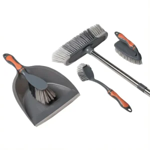 HOLAMOPA Heavy Duty 5 in 1 Floor Scrub Brush and Broom Dustpan Set With Telescopic Long Handle for Bathroom Tile Grout Cleaning