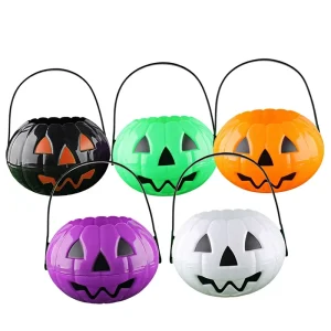 Halloween Plastic Pumpkin Trick or Treat Bucket 5 Colors Black Green Orange Purple White Jack O Lantern Candy Pail with Handle