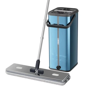 Hand Free Self Wringing Eco Friendly Stainless Steel Flat Mop Set 2 Mopheads Extendable Handle 90% 100% Dehydration