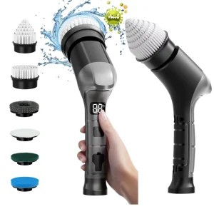 Handheld Electric Rechargeable Cordless Spin Cleaning Brush with Digital Display and 6 Replaceable Brush Heads