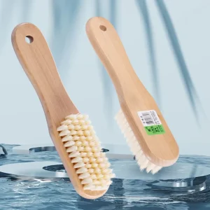Handheld Scrub Brush with Scraper, Dust Remover, Stiff Bristles, Plastic Body, and Wooden Shoe Cleaning Feature