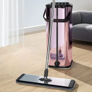 Hands Free Flat Squeeze Mop Stainless Steel Mop and Bucket with Wringer Set for Home Wet and Dry Use Mop with Long Handle