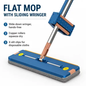 Hands Free Large Panel Flat Mop Telescopic Stainless Steel Handle Sliding Plastic Roller Squeeze Dry Disposable Cleaning Cloths