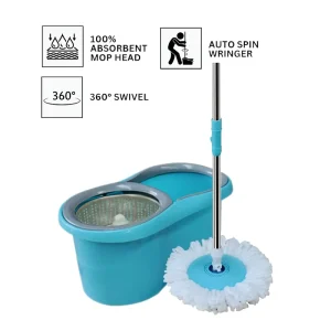 Hands-Free Microfiber Spin Mop with Steel Pole, Swivel Handle, 360° Rotation and Bucket