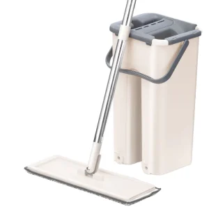 Hands-Free Tablet Mop and Bucket Set with Flat Stainless Steel Handle Twist System and Extended Mop for Wood