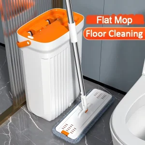 Hands free Squeeze Flat Mop and Bucket Set Self Cleaning Floor Mop with 360 Swivel Head Microfiber Pads for Wet and Dry Use