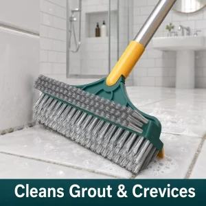 Hard-Bristle Floor Cleaning Brush with Squeegee, 180° Swivel Head, and Detachable Stainless Steel Handle