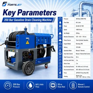 Heat Resistant Drain Cleaning Machine 200bar Pressure 64L Tank for Hot Water Pipe Cleaning