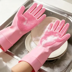 Heat-Resistant Silicone Cleaning Gloves with Built-In Brush