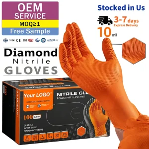 Heavy Duty 10 mil Orange Diamond Grip Nitrile Gloves for Car Repair Warehouse and Logistics