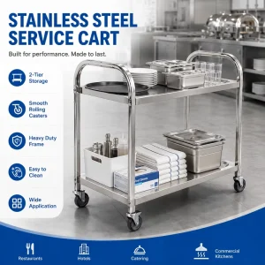 Heavy Duty 2 Tier Stainless Steel Service Cart Commercial Catering Trolley for Restaurant Hotel Kitchen Cleaning Services