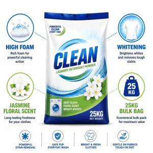 Heavy Duty 25kg Jasmine Scented Whitening Natural Laundry Detergent Powder Bulk Long Lasting Custom Logo Distributor