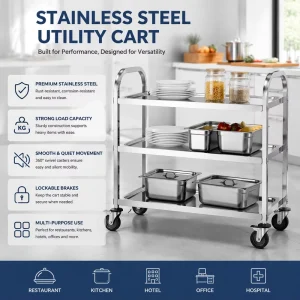 Heavy Duty 3 Tier Stainless Steel Utility Cart 360 Degree Swivel Casters Lockable Brakes Commercial Kitchen Restaurant Hotel Use