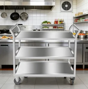 Heavy Duty 3 Tier Stainless Steel Utility Cart Polished Finish Modular Expandable Trolley Self Cleaning Commercial Kitchens