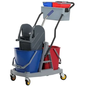 Heavy Duty Double Bucket Mop Wringer Trolley Durable Plastic Body Rolling Cart for Hospital Airport Commercial Floor Cleaning