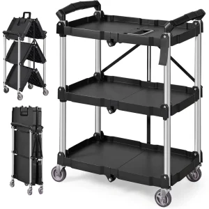 Heavy Duty Foldable Utility Service Cart 3 Tier Plastic Rolling Cart With Lockable Wheels