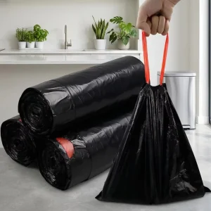 Heavy Duty HDPE 13 Gallon Black Embossed Drawstring Disposable Kitchen Trash Bag on Roll