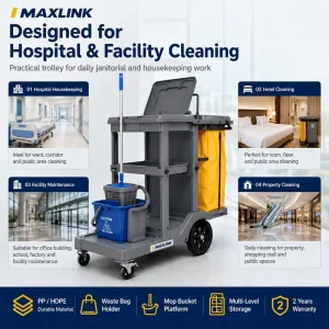 Heavy Duty Janitorial Cleaning Cart 510x980x1140mm PP HDPE Housekeeping Trolley for Hospital Hotel Facility Cleaning