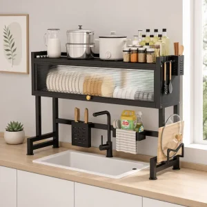 Heavy Duty Metal Sink Kitchen Rack Double Dish Drainer Cabinet Utensil Bar Towel Holder Adjustable Feet Rust Resistant Modern