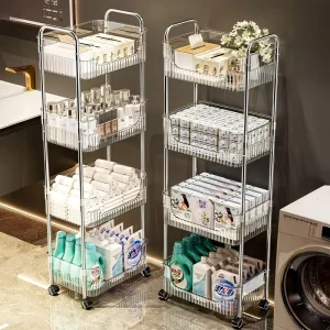 Heavy Duty Multi Tier Standing Type Plastic Rolling Cart Moisture Resistant Transparent Storage Trolley with Drainage Holes
