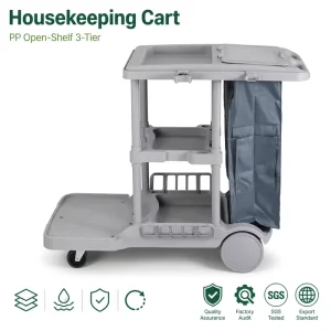 Heavy Duty Open Shelf 3 Tier Plastic Utility Cart Cleaning Trolley for Commercial Facility Cleaning