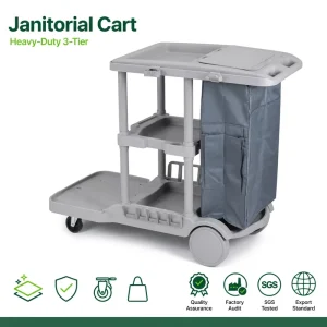 Heavy Duty Open Shelf 3 Tier Plastic Utility Cart Cleaning Trolley for Commercial Facility Cleaning