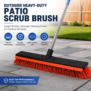 Heavy-Duty Outdoor Push Broom with Long Metal Handle and Silicone Brush