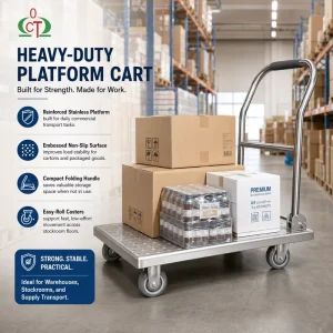 Heavy Duty Stainless Steel Platform Cart Platform Truck with Diamond Plate Deck Folding Handle Swivel Casters for Warehouse