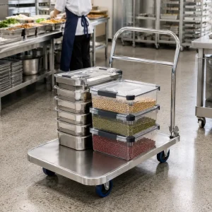 Heavy Duty Stainless Steel Platform Truck Cart with Raised Lip Deck U Handle Swivel Casters Blue Rubber Wheels for Kitchen
