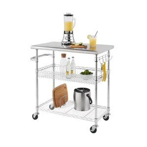 Heavy Duty Stainless Steel Top Rolling Kitchen Cart with Wire Storage and Work Surface