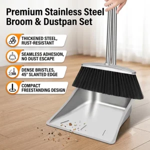 Heavy Duty Thickened Stainless Steel Broom and Dustpan Set for Home and Kitchen Floor Cleaning