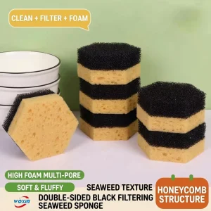 Hexagon Dual Scouring Pad Compound Cellulose Sponge with Open Cell Structure