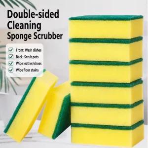 High Absorbent Foam Double Sided Scrub Sponge Yellow Soft Sponge with Green Scouring Pad Kitchen Dishwashing Cleaning Cloth