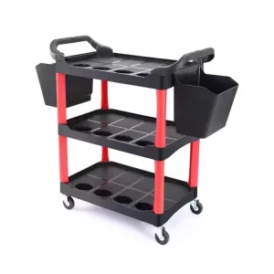 High Efficiency Red Black PP Material Mobile Car Wash Detailing Tool Trolley with Cart Wheels
