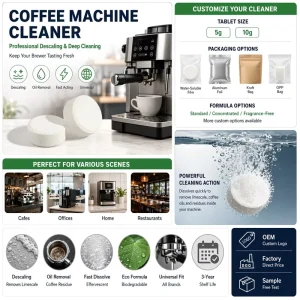 High Potency Solid Coffee Machine Cleaner Tablets Powerful Oil Calcium Removal Time Saving Eco Friendly Daily Maintenance