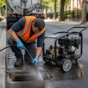 High Pressure Sewer Jetter 180Bar 2610PSI Gasoline Engine Drain Cleaning Machine Electric Start Industrial Pipe Cleaner