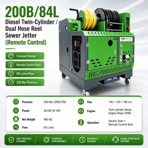 High Pressure Sewer Jetter Remote 37HP Diesel Dual Reel High Pressure Drain Cleaner 84L/min