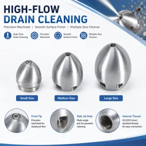 High Pressure Stainless Steel Sewer Jetting Nozzle, Front 1 Rear 6 Jets, G1/2 Thread