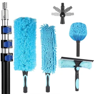 High-Reach Ceiling Duster Kit with 3.6-12 ft Extendable Pole, Cobweb and Fan Duster, Window Squeegee, and Scrubber