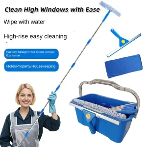 High Reach Glass Cleaner Extension Pole Squeegee Water Scraper Blue Bucket Towel Professional Cleaning Kit for Hotel Household
